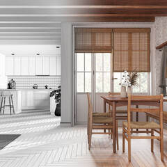 Architect interior designer concept: hand-drawn draft unfinished project that becomes real, rustic wooden kitchen and dining room. Table with chairs. Farmhouse style