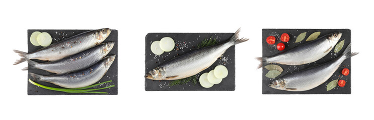 Set with tasty salted herrings on white background, top view. Banner design