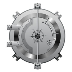 Obraz premium Bank vault door. Metal steel round gate close, isolated mechanism with welds and rivets. Huge metal round safe door. Gate mechanism