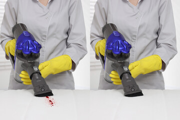 Fototapeta premium Woman in gloves disinfecting mattress with vacuum cleaner indoors, closeup. Collage with photos before and after cleaning