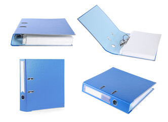 Set with blue office folders on white background