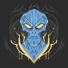 Alien face vector illustration, UFO logo for t-shirt