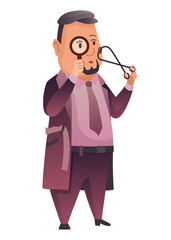 Male private detective or inspector investigate crime and look for evidence. Detective character with magnifying glass cartoon flat style. Investigator in coat solving crime