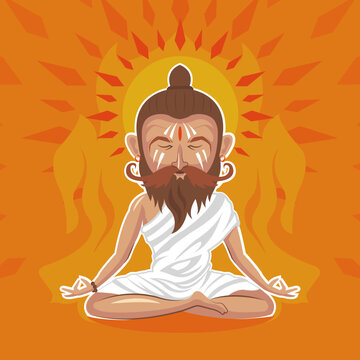 Old bearded yogi sitting in lotus pose meditating doing breathing yoga exercise technique. Spiritual balance guru. Relaxation, meditation, zen. Vector