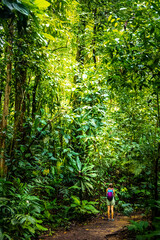 Backpacker girl walks through dense rainforest in Golfito National Wildlife Refuge; walking through wild tropical forest in Costa Rica