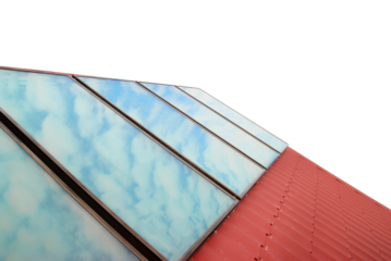 Sun cells water heating panels system on red house roof in PNG isolated on transparent background