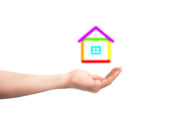 House in hand with colorful rainbow walls for gay couple in PNG isolated on transparent background, home and real estate for sale or buy concept . Flat illustration on blue background