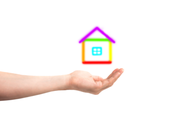 House in hand with colorful rainbow walls for gay couple in PNG isolated on transparent background, home and real estate for sale or buy concept . Flat illustration on blue background