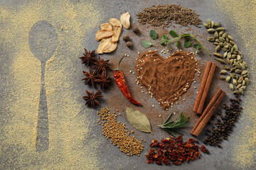 Flat lay composition with different spices and silhouette of spoon on grey textured table