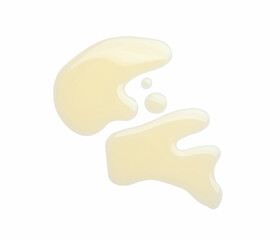 Spilled cooking oil on white background, top view