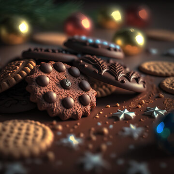 Assortment Of Festive Cookies, Christmas Atmosphere Of A Variety Of Baked Sweets.