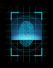 Fingerprint identification. Scan fingerprint, security or identification system concept. Futuristic technology. Biometric data design. Security system based on thumb lines, illustration