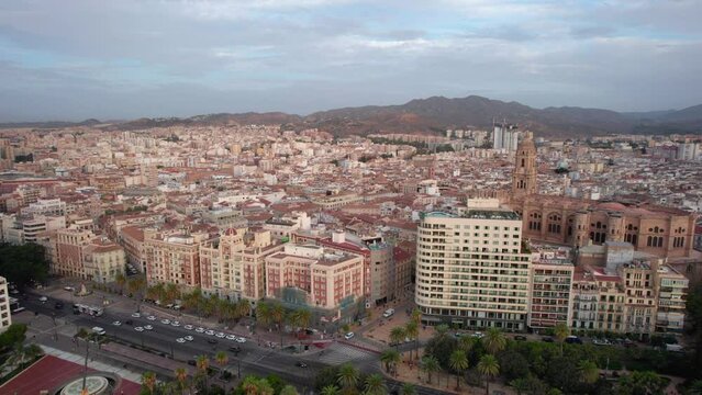 The drone aerial footage of downtown district of Malaga, Spain. 