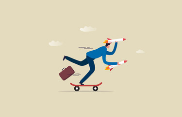 Fototapeta na wymiar Competition a Startup Business. Entrepreneur is eager to make money for company. Ready businessman holding a rocket with a skateboard. Illustration