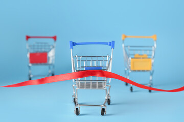 Shopping cart at red finish line on light blue background. Competition concept