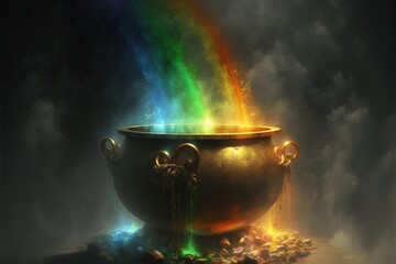 Pot full of gold at the end of the rainbow. Generative AI - obrazy, fototapety, plakaty