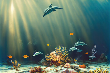 dolphins underwater, coral reef seascape background with clear water and sunshine