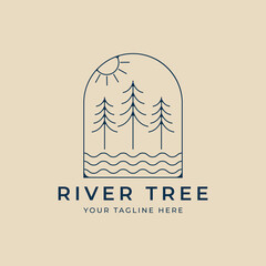 river tree line art minimalist logo with emblem vector illustration design
