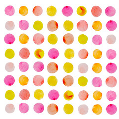 set of hand drawn isolated watercolor circles blobs in pink orange yellow colors on white background