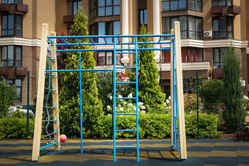 Empty monkey bars on outdoor children's playground in residential area