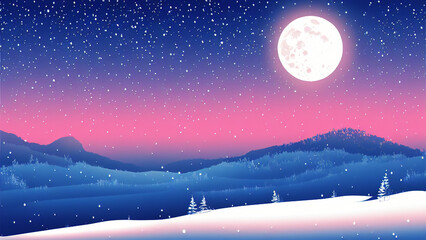 Fototapeta premium (Winter Landscape at Night) a stunning image of a snowy landscape at night, with a full moon and twinkling stars