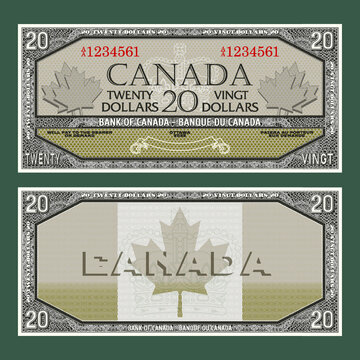 Vector vintage fictional Canadian money. Obverse and reverse of the gaming banknote with guilloche frame. The inscriptions in French mean twenty dollars and bank of Canada.