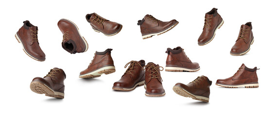Brown leather boots, Men’s brown ankle boots in different angles and positions