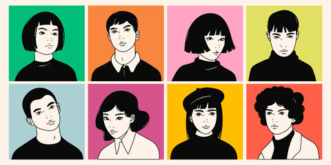 Portraits of Teenage boys and girls. Young people look at the camera. Cute characters. Cartoon comic asian style. Social network avatar templates. Hand drawn trendy Vector illustration. Isolated icons - obrazy, fototapety, plakaty
