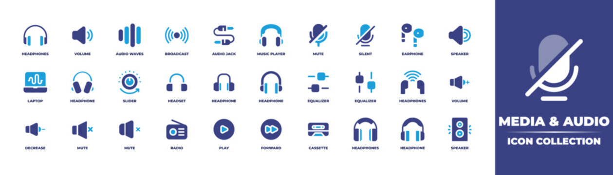 Media and audio icon collection. Duotone color. Vector illustration. Containing a headphones icon, volume icon, audio waves icon, broadcast icon, audio jack icon, music player icon, mute, and other