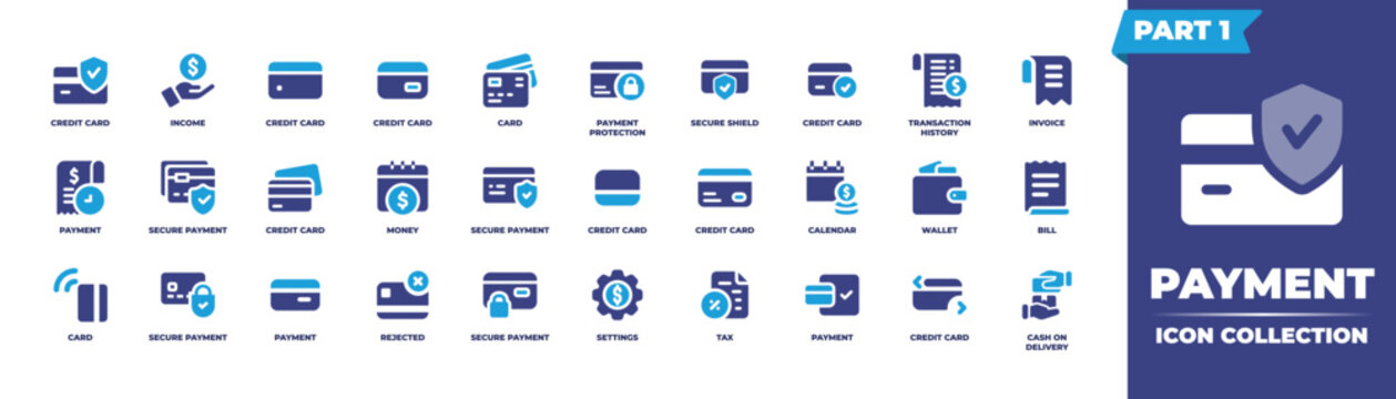 Payment icon collection part 1. Duotone color. Vector illustration. Containing a credit icon, income icon, card icon, payment protection icon, secure shield icon, transaction history icon, and other