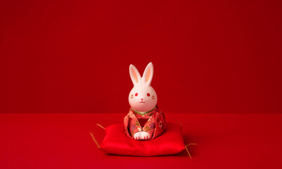 Japanese new year material. Zodiac rabbit. Rabbit saying New Year's greetings. 日本のお正月素材。干支のうさぎ。新年のあいさつをするウサギ