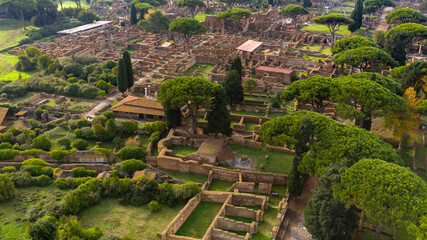 Aerial view on the Excavations road of Ostia Antica, a large archaeological site. These Roman ruins...