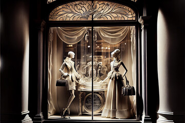 Luxury Parisian shopfront with fashion accessories in boutique window display