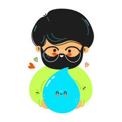Young cute funny men hold water drop in hand. Young boy hugs cute water drop. Vector hand drawn doodle style cartoon character illustration icon design. Isolated on white background