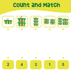 Count and match the Xmas present boxes with the number. Educational printable math worksheet. This worksheet is suitable for educating the early age children on how to count well. Kawaii Vector file.