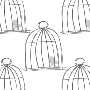 Hand-drawn illustration of a bird in a cage. A design element for packaging, seamless pattern.