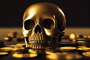 A golden skull on a table loaded with gold coins, reminding us that wealth does not bring immortality. An image rich in symbolism and atmosphere. - obrazy, fototapety, plakaty