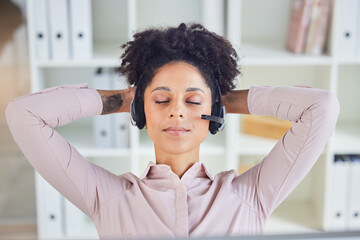 Relax, call center or tired black woman sleeping at customer services resting at customer services...