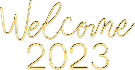 Obraz na płótnie Canvas Welcome 2023 Golden 3D Metallic Thin Chrome Cursive Text Typography 
