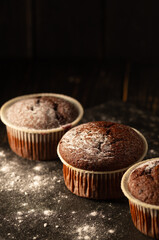 Chocolate muffins with powdered sugar on a black background. Still life close up. Dark moody. Food photo.