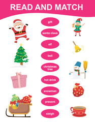 Read and match printable activity sheet. Matching English word with images using cute Christmas items. Educational printable worksheet for children. Kawaii vector illustration file. 