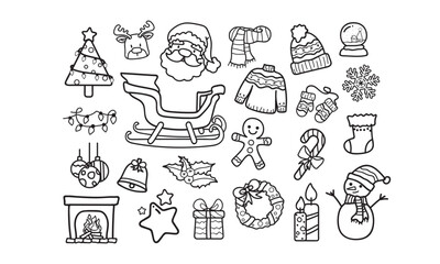 Christmas Drawing Collection Set: item components decorate Christmas tree, Xmas icon  seasonal event, vector illustration, black and white, cute Christmas icons
