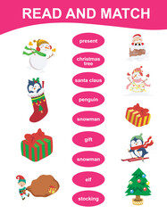 Read and match printable activity sheet. Matching English word with images using cute Christmas items. Educational printable worksheet for children. Kawaii vector illustration file. 