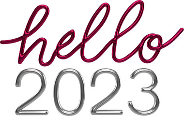 Hello 2023 Silver And Viva Magenta 3D Metallic Thin Chrome Cursive Text Typography	