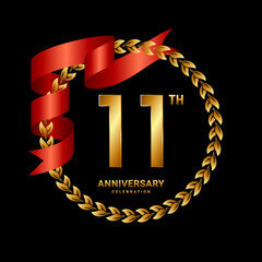 11th Anniversary Celebration. Anniversary Logo Design with Laurel Wreath and Red Ribbon for Celebration Event, Wedding, Invitation, Greeting Card. Logo Vector Illustration