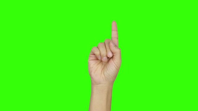 male hand pointing finger in direction green background	
