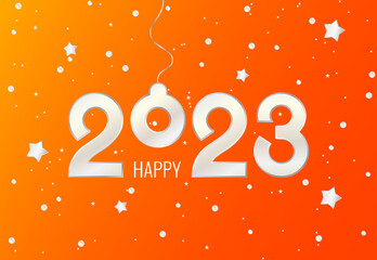Happy New Year 2023 template orange. Background with toy, glitter, stars and light.

