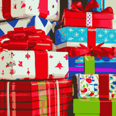 Stacked red blue and white gift boxes. Square background, colorful holiday gift boxes with ribbons and bows.