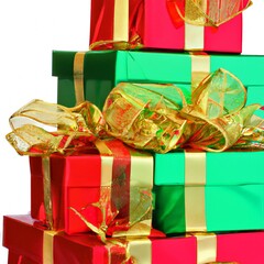 Stacked red and green crhistmas gifts gold bows