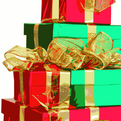 Stacked red and green Christmas gifts.Square background, colorful holiday gift boxes with ribbons and bows.